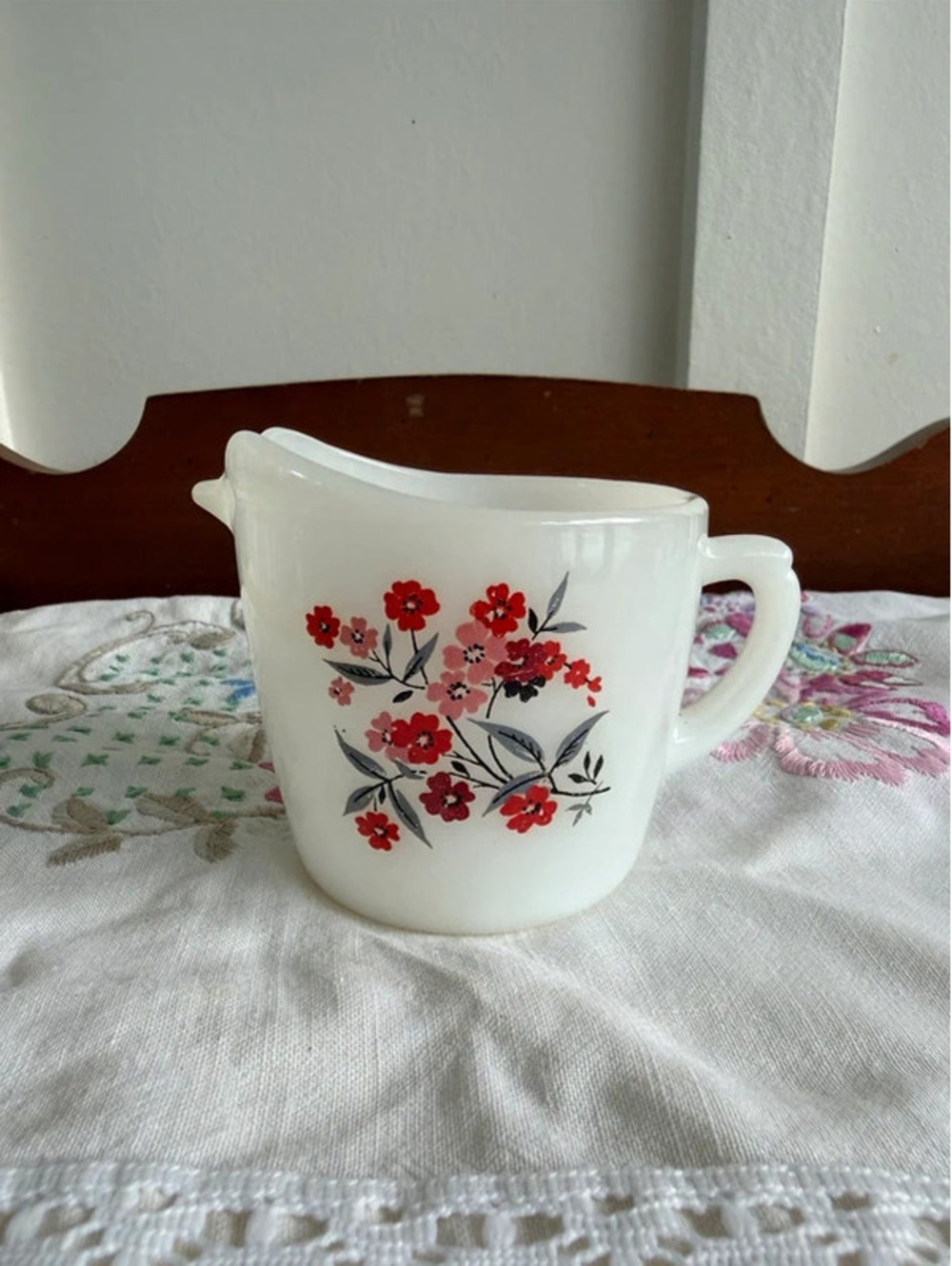 vintage Anchor Hocking Fire-King milk glass creamer jug in the Primrose pattern